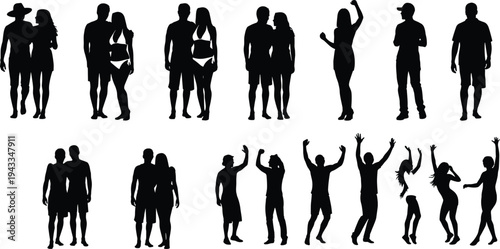 young people silhouettes collection, couples standing and dancing poses, friends celebrating and social interaction, lifestyle character set vector illustration