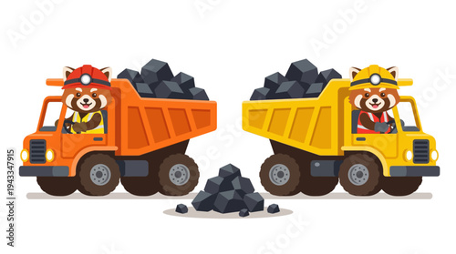 Charming red panda characters, wearing safety helmets, operate heavy-duty dump trucks transporting piles of coal, depicting a lively and efficient cartoon mining or construction scene