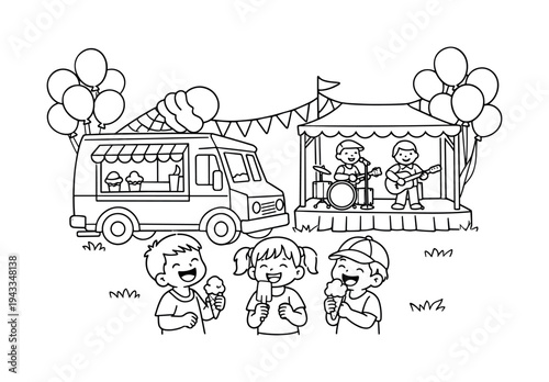 Ice cream truck at a festival with balloons, a small stage with musicians, and kids laughing while eating ice cream, black and