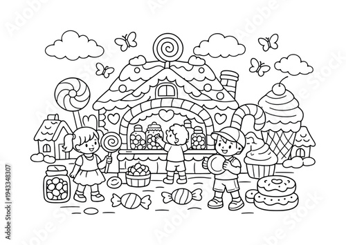 Magical candy shop in a whimsical village with candy canes, gingerbread decorations, children exploring sweets, clouds and