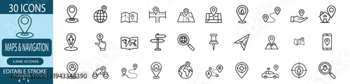 Maps and navigation outline icon set featuring location pin and route tracking for travel guide and GPS positioning and more vector illustration or editable stroke