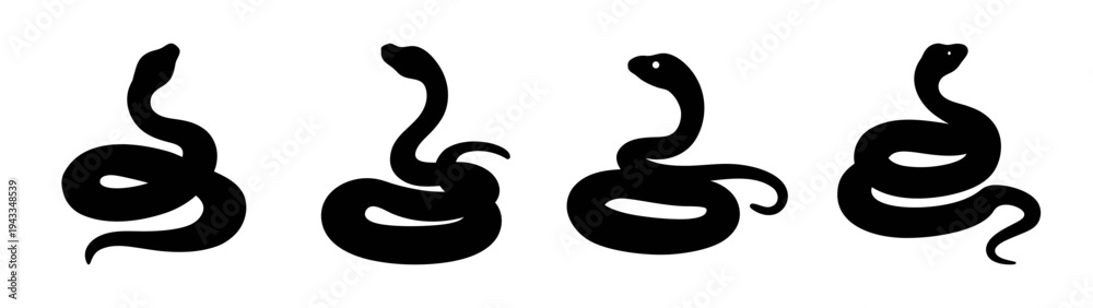 Obraz premium Snake silhouette vector art illustration of four black snakes reptile animal wildlife design drawing 