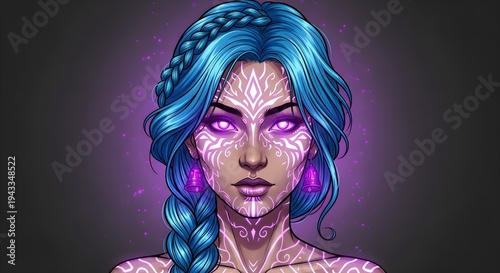 Digital illustration of a woman with blue hair and purple makeup