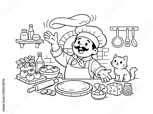 Friendly pizza chef tossing dough in the air in a cozy kitchen, surrounded by ingredients like tomatoes, cheese, and herbs, a cat