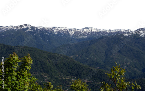 Photos Majestic mountain peak with dense pine forest and snow isolated on white