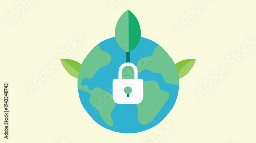 Protecting Our Planet: A Secure Earth Illustration with Green Leaves and a Padlock Symbolizing Environmental Safety and Sustainable Energy