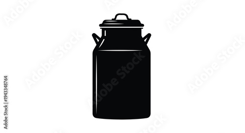 A classic black milk can stands prominently against a white background silhouette
