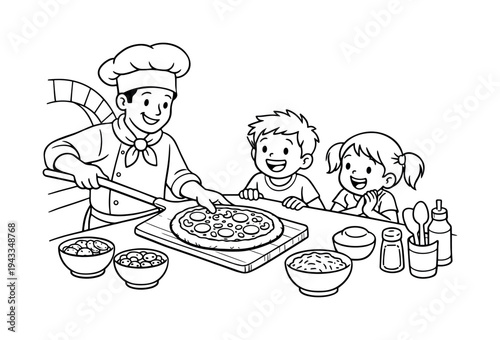 Pizza Chef Coloring. Pizza chef sliding a freshly baked pizza from the oven onto a wooden board, children waiting excitedly, bowls