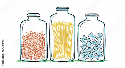 Clear jars filled with colorful pasta varieties in a minimalist style  