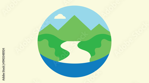 Stylized Circular Illustration of a Mountain Landscape with River, Sky, and Clouds Representing Environmental Conservation and Sustainable Energy