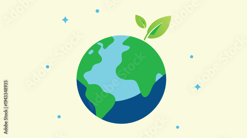 Stylized Earth Illustration with Green Leaves, Representing Environmental Sustainability and Renewable Energy for a Brighter Future