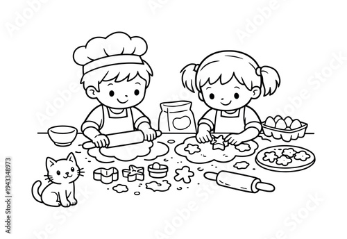 Children baking cookies in a cozy kitchen, rolling dough on a table with cookie cutters and flour scattered, a small cat watching