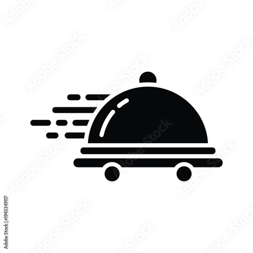 Fast food delivery icon, cloche and motion lines, black and white symbol