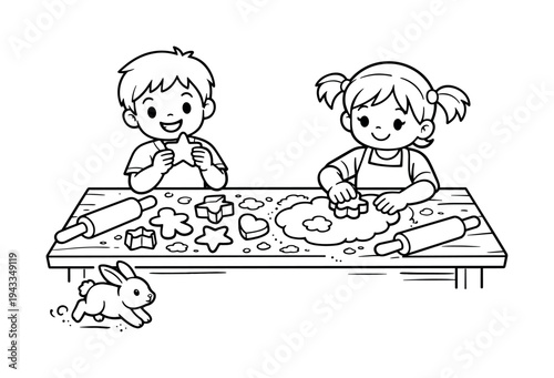 Children enjoying cookie shapes on a wooden table, flour scattered, rolling pins and cookie cutters nearby, a small bunny hopping