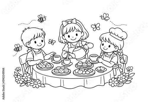 Tea party at a garden table with children wearing aprons, pouring tea from a teapot, cookies and pastries on the table, bees and