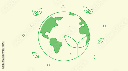 Sustainable Earth Illustration: A Green Planet Concept with Leaves, Representing Environmental Awareness and Renewable Energy Solutions for a Brighter Future