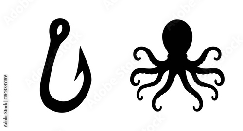 Fishing hook and octopus vector illustration for sea life and ocean themed designs and projects