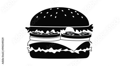 A detailed black silhouette of a classic cheeseburger composition silhouette