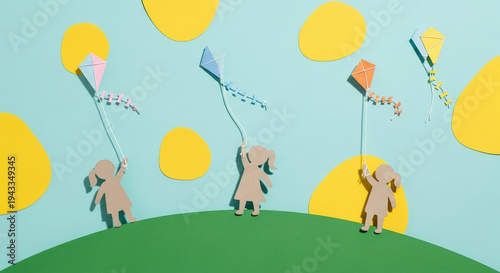 Three children flying kites on green hill under sunny blue sky  