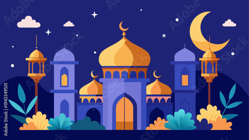 Vector illustration of a mosque at night with crescent moon