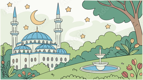 Vector illustration of a mosque with blue domes and minarets in a park