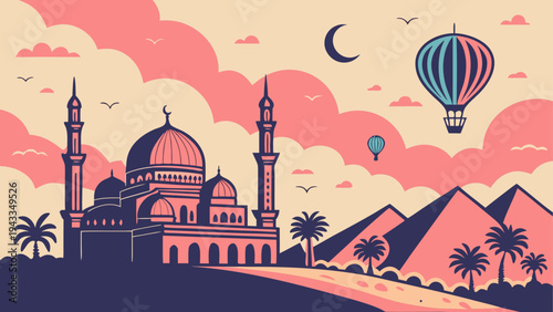Vector illustration of Middle Eastern landscape with mosque, pyramids, and hot air balloons