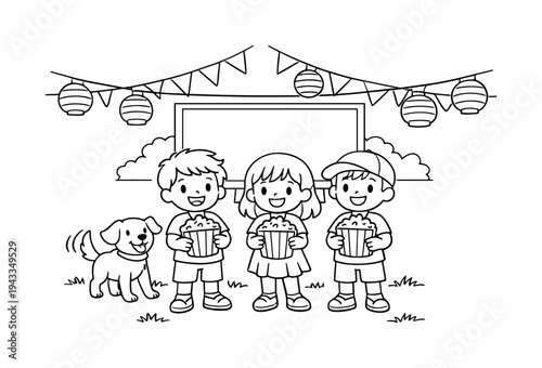 Kids holding popcorn at a festival outdoor movie, colorful bunting and lanterns overhead, a dog wagging its tail nearby, black