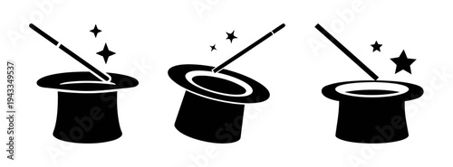 Magic trick illustration of magician hats and wands with stars for show and performance vector