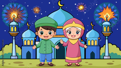 Vector illustration of kids in traditional clothes standing in front of a mosque at night