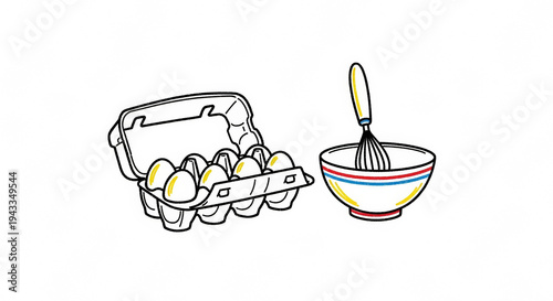 Open egg carton beside whisk and bowl for cooking preparation  