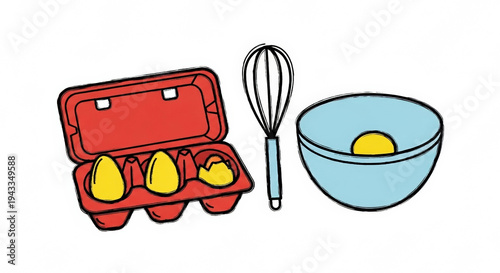 Open egg carton, whisk, and bowl with beaten egg illustration  