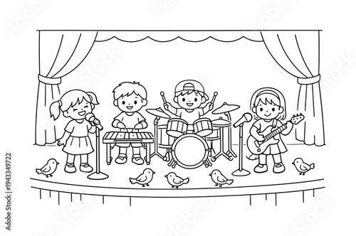 School Band Performance. Children’s band playing in a school auditorium, microphones, xylophone, and drums set up, small birds