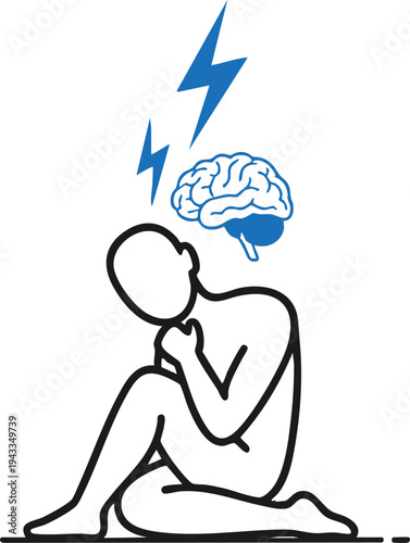 Illustration of a faceless person in a sitting position with hand on chin, brain highlighted by a lightning bolt symbolizing epilepsy seizure, neurological crisis, and convulsion episode