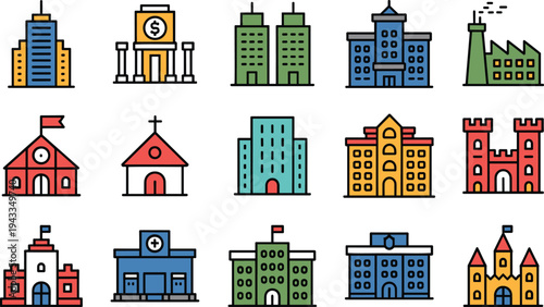 City Building Icon Set Including Skyscraper Bank Factory Church Hospital School Police Station And Castle Vector Flat Illustration.