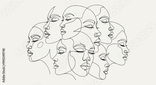 A minimalist line drawing depicts multiple faces of women with closed eyes in profile views.