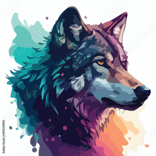 Vibrant wolf portrait with colorful abstract splashes surrounds the animal