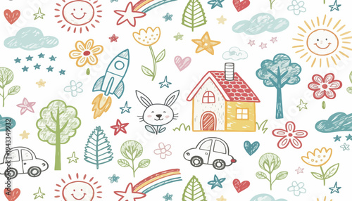 Colorful illustrations of a house, rabbit, cars, and trees under a sunny sky with rainbows and flowers