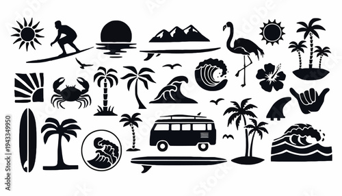 A serene beach scene with various tropical icons, including palm trees, a flamingo, and a surfboard, set against a white background.