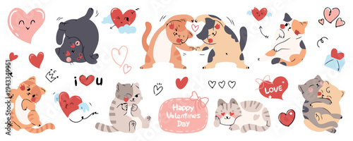Cute cats and kittens play with hearts and love symbols on Valentine's Day