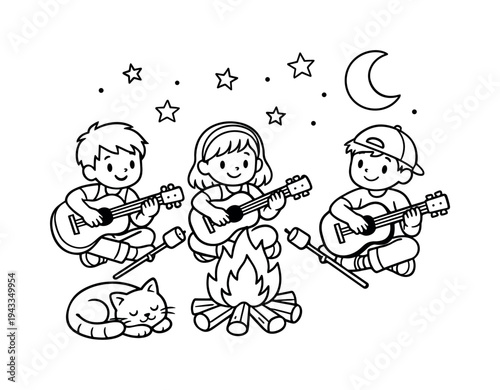 Guitar jam by a campfire with kids strumming guitars, marshmallows on sticks, stars and a moon above, a cat curled nearby, black