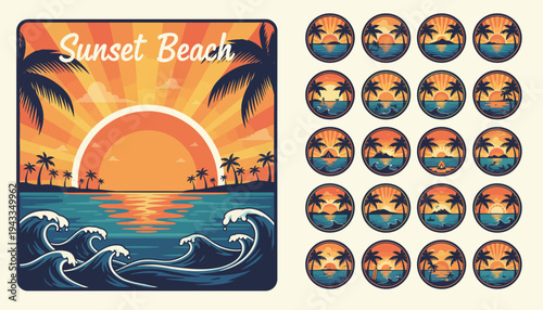 Vibrant sunset beach scene with palm trees and stickers on a cream background showcases ocean waves and sunset stickers