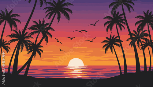 Vibrant sunset scene with palm trees standing on beach by ocean