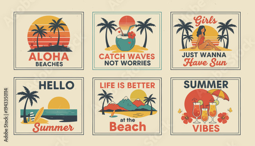 Vibrant summer beach stickers depict sunny palm trees and happy moments