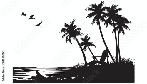 Silhouette of a serene beach scene with a person sitting on rocks, surrounded by swaying palm trees and flying birds at sunset.