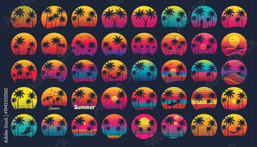 Vibrant tropical sunset scenes in colorful circles on dark background with palm trees and beach