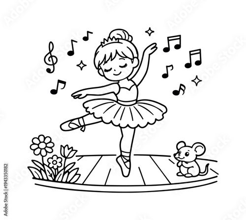 Ballerina dancing gracefully on a stage, tutu flowing, musical notes floating around, flowers and a small mouse watching nearby,
