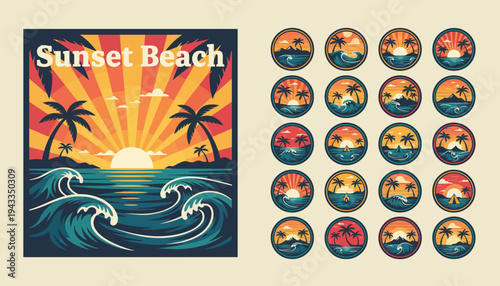Vibrant sunset beach scene with palm trees and waves illustrated in a graphic design