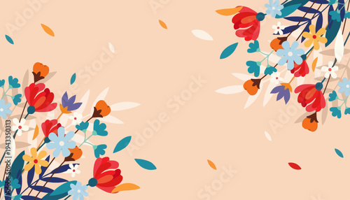 Vibrant floral patterns unfold on a peach background with colorful leaves and roses in a lively arrangement.