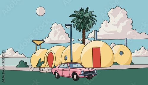 A pink car parks in front of futuristic rounded buildings under a sunny sky with palm trees and clouds.