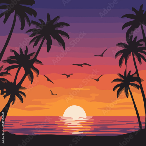 Vibrant sunset scene with palm trees standing tall on the beach shore surrounded by flying birds and calm ocean waves at dusk near saksh.ai tropical location